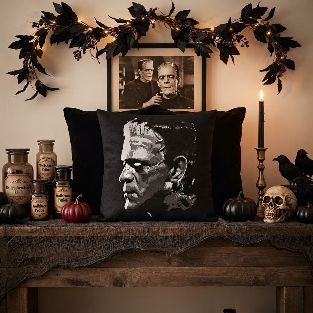 Frankenstein Monster Throw Pillow Horror Movie Decor Grayscale 15x15 Gothic
